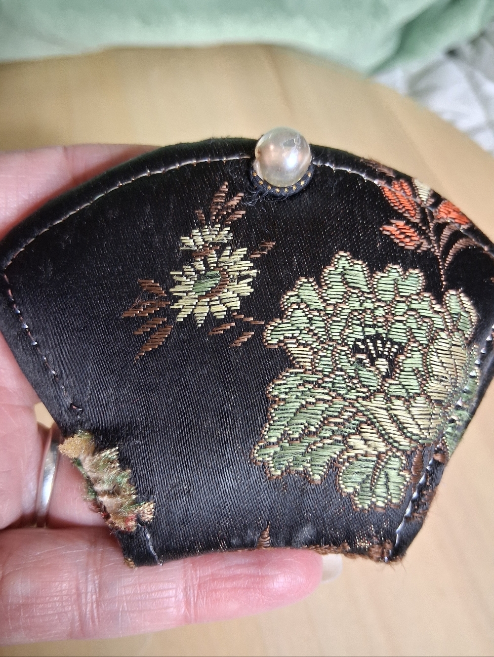 Vintage Distressed Embroidered Black Satin Pocket Sewing Kit